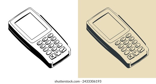 Ilustraciones vectoriales estilizadas de terminal de efectivo electrónico