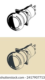 Stylized vector illustrations of emergency stop push button