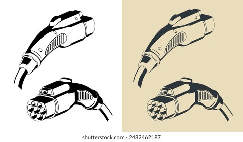 Stylized vector illustrations of EV charger GBT AC connector