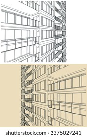 Stylized vector illustrations of facade of an apartment building close up