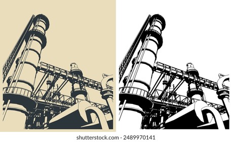Stylized vector illustrations of a factory buildings, pipes and tanks close-up