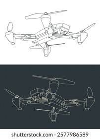 Stylized vector illustrations of a folding drone blueprints