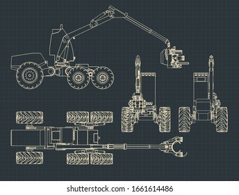 Stylized vector illustrations of a forest harvester machine colorful blueprints