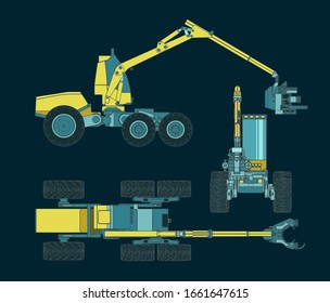Stylized vector illustrations of a forest harvester machine colorful blueprints