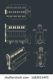 Stylized Vector Illustrations Of A Four-cylinder Diesel Engine Drawings