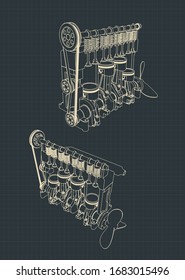 Stylized vector illustrations of a four-cylinder diesel engine cutaway drawings