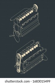 Stylized vector illustrations of a four-cylinder diesel engine drawings