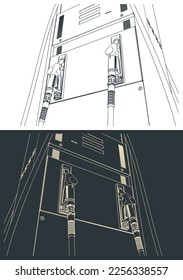 Stylized vector illustrations of fuel dispenser close up