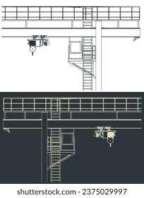 Stylized vector illustrations of gantry crane close up. Blueprints style