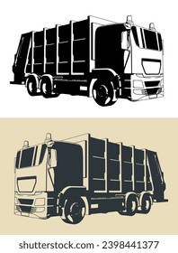 Ilustraciones vectoriales estilizadas de camiones de basura
