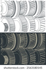 Stylized vector illustrations of gearbox mechanisms close up