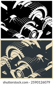 Stylized vector illustrations of gears mechanisms close-up