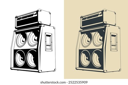 Ilustrações vetoriais estilizadas de um amplificador combinado de guitarra
