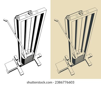 Stylized vector illustrations of gym equipment. Lat pulldown machine