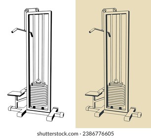 Stylized vector illustrations of gym equipment. Lat pulldown machine