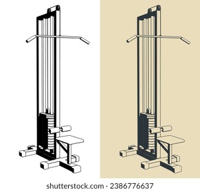 Stylized vector illustrations of gym equipment. Lat pulldown machine