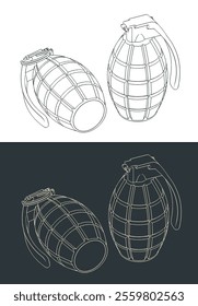 Stylized vector illustrations of a hand fragmentation grenade