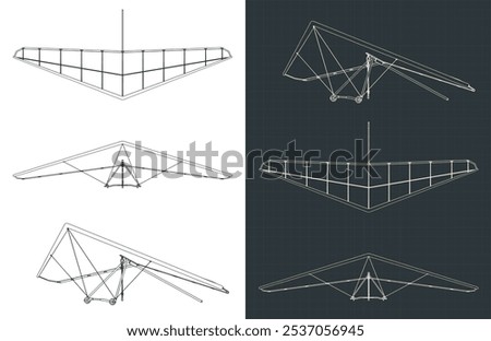 Stylized vector illustrations of a hang glider blueprints