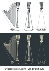 Stylized vector illustrations of harp blueprints. Traditional classical instrument