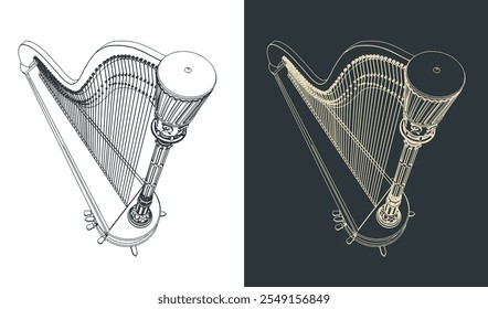 Stylized vector illustrations of harp. Traditional classical instrument