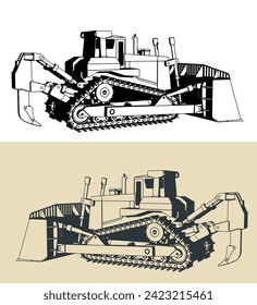 Stylized vector illustrations of heavy duty crawler dozer