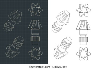 Stylized vector illustrations of Helical Gear Dawings