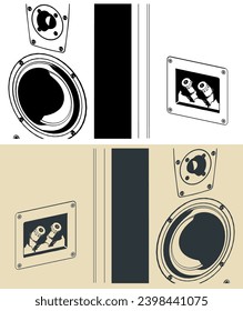 Stylized vector illustrations of Hi-Fi speaker systems and connectors terminals for their connection close-up
