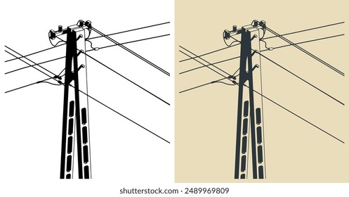 Stylized vector illustrations of high voltage electric pole with wires close up