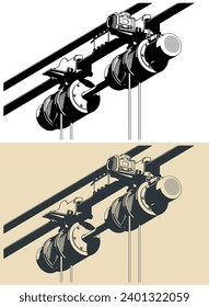 Stylized vector illustrations of hoist and winches for installation cradle