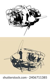 Stylized vector illustrations of a horizontally opposed aircraft engine