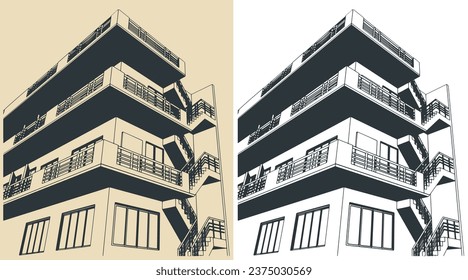 Ilustraciones vectoriales estilizadas de fachada de hotel o casa de huéspedes