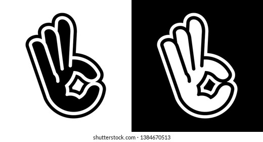 Stylized vector illustrations of human hand with three-pointer basketball sign; icons, isolated on white and black backgrounds.