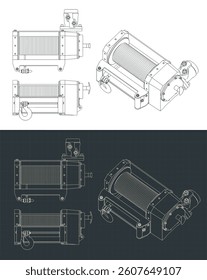 Stylized vector illustrations of hydraulic winch drawings