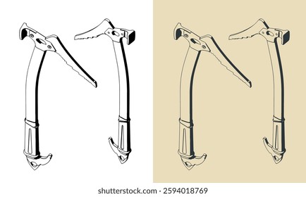 Stylized vector illustrations of ice axe. Mountain climbing ice tool