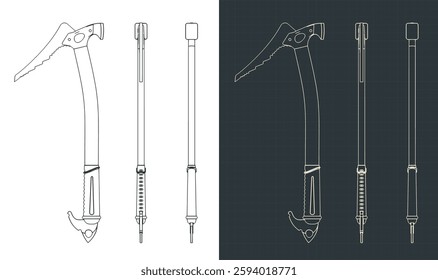 Stylized vector illustrations of ice axe blueprints. Mountain climbing ice tool