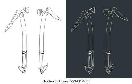 Stylized vector illustrations of ice axe isometric blueprints. Mountain climbing ice tool