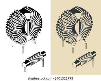 Stylized vector illustrations of inductors close up