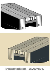 Stylized vector illustrations of Industrial hangar. Production or repair areas. Warehouse. Aircraft hangar