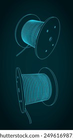 Stylized vector illustrations of industrial high voltage cable reel