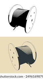 Stylized vector illustrations of industrial high voltage cable reel