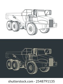 Stylized vector illustrations of industrial large mining dump truck