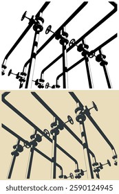 Stylized vector illustrations of industrial pipes and valves