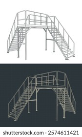Stylized vector illustrations of industrial platform and stairs blueprints