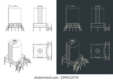 Stylized vector illustrations of industrial stainless steel tanks drawings