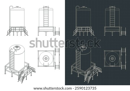 Stylized vector illustrations of industrial stainless steel tanks drawings