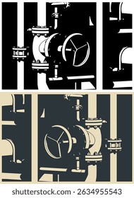 Stylized vector illustrations of industrial valve and pipes close-up