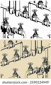 Stylized vector illustrations of industrial valves and pipes