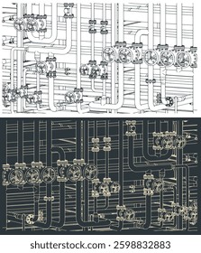 Stylized vector illustrations of industrial valves and pipes