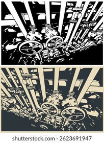 Stylized vector illustrations of industrial valves and pipes close up