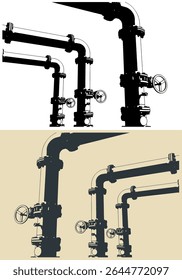 Stylized vector illustrations of industrial valves and pipes close up